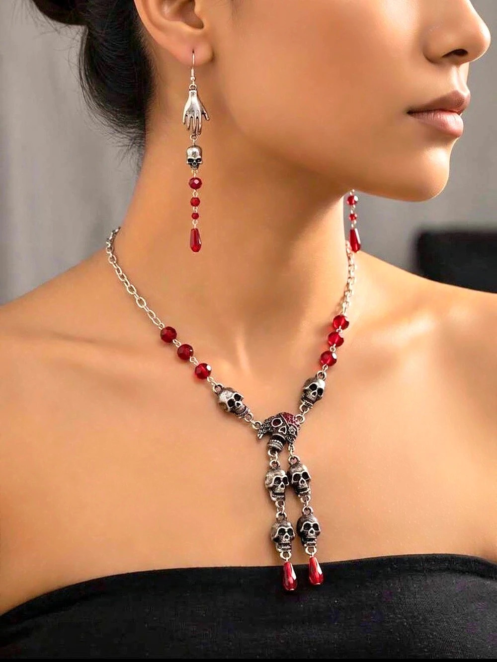 Gothic Silver Skull Necklace & Earrings Set Red Bead Halloween Jewelry